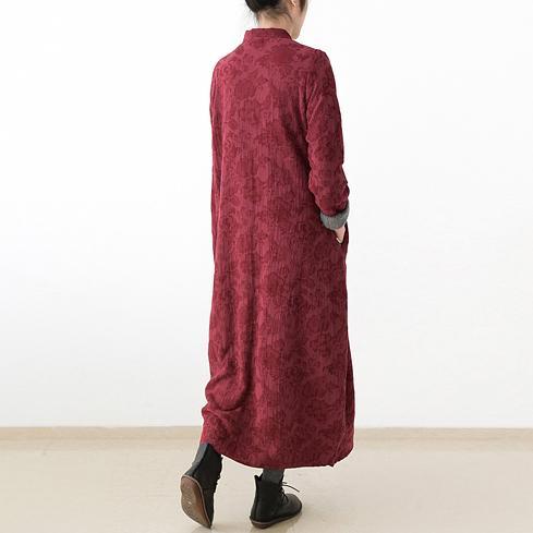 2017 winter burgundy prints linen dress plus size warm autumn out fits casual maxi dress - Omychic