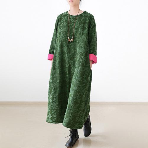 2017 winter green jacquard cotton dresses plus size thick warm maxi dress - Omychic