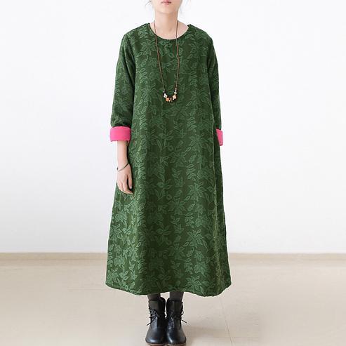 2017 winter green jacquard cotton dresses plus size thick warm maxi dress - Omychic