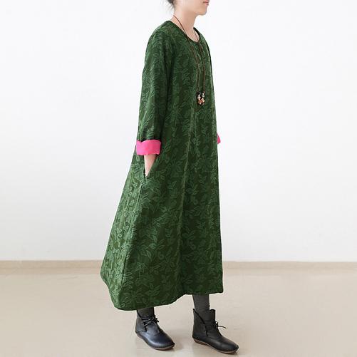 2017 winter green jacquard cotton dresses plus size thick warm maxi dress - Omychic