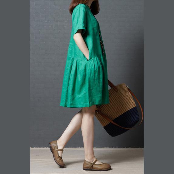 2017 wrinkled green linen dress baggy loose women sundress short sleeve a line dress - Omychic