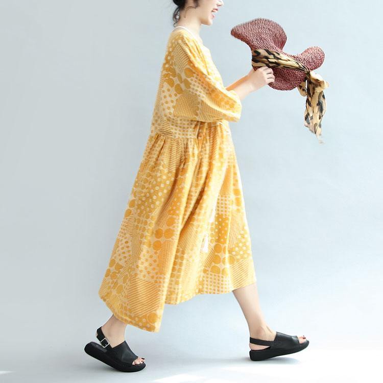 2017 yellow casual cotton dresses print  plus size sundress bracelet sleeved maxi dress - Omychic
