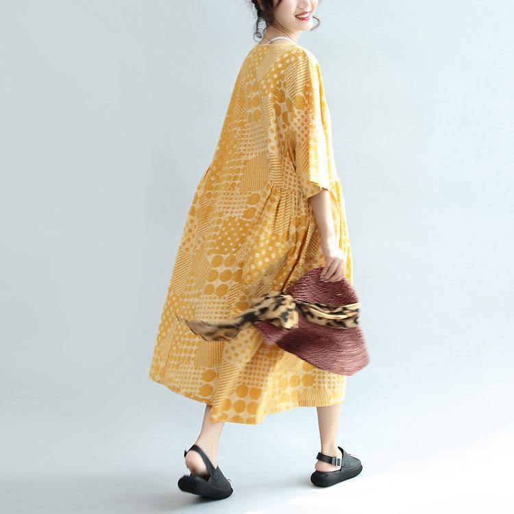 2017 yellow casual cotton dresses print  plus size sundress bracelet sleeved maxi dress - Omychic
