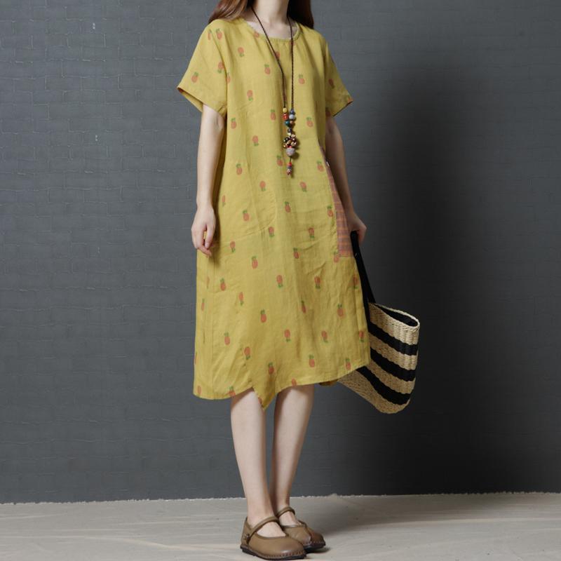 2017 yellow print linen dresses loose asymmetric hem sundress short sleeve shift dress - Omychic