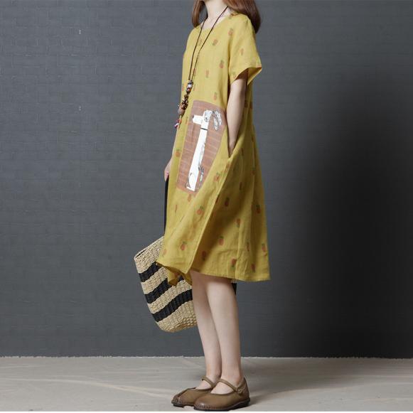 2017 yellow print linen dresses loose asymmetric hem sundress short sleeve shift dress - Omychic
