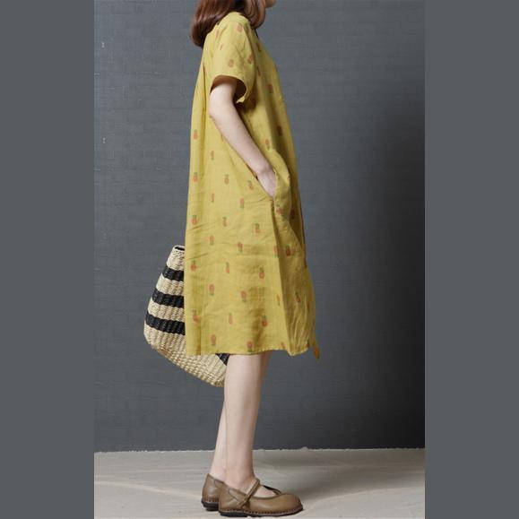 2017 yellow print linen dresses loose asymmetric hem sundress short sleeve shift dress - Omychic
