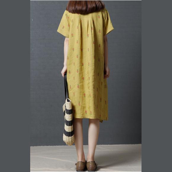 2017 yellow print linen dresses loose asymmetric hem sundress short sleeve shift dress - Omychic