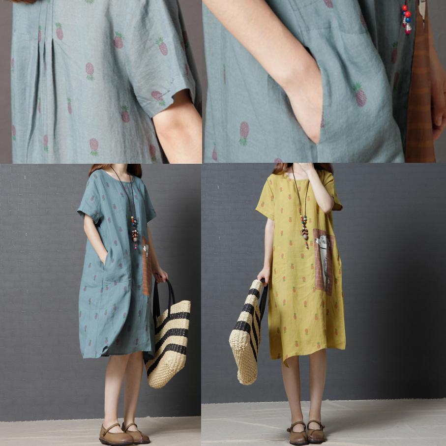 2017 yellow print linen dresses loose asymmetric hem sundress short sleeve shift dress - Omychic