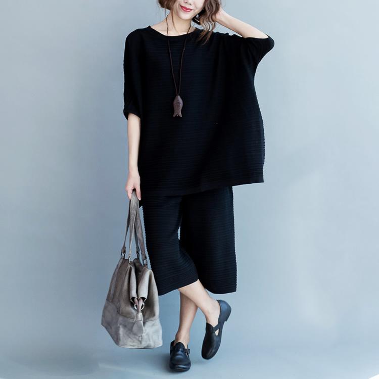 2017black cotton thin sweaters and casual wide leg pants knit two pieces fall - Omychic