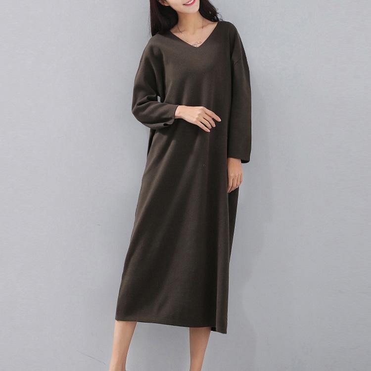 2018 army green autumn dress plus size clothing V neck baggy 2018 long sleeve dresses - Omychic