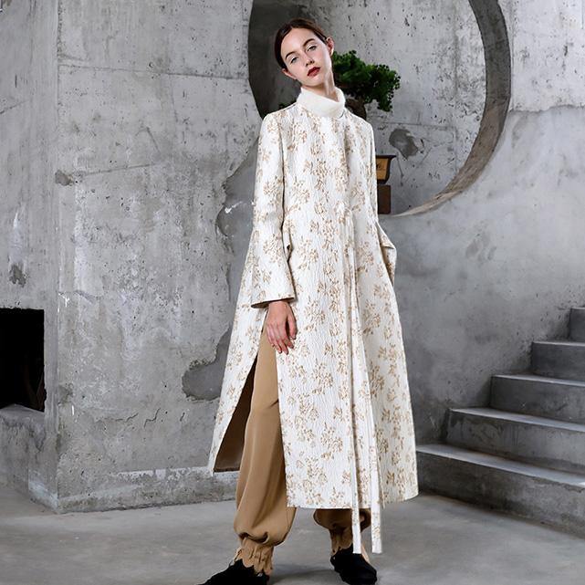 2018 beige Jacquard Woolen Coat Women oversize maxi coat stand collar asymmetric side open flare sleeve coats - Omychic