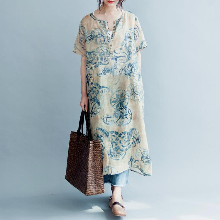 2018 beige print silk cotton dresses casual O neck side open traveling clothing 2018short sleeve silk cotton dress - Omychic