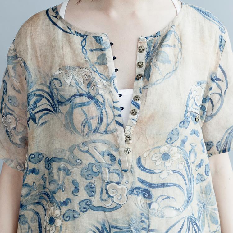 2018 beige print silk cotton dresses casual O neck side open traveling clothing 2018short sleeve silk cotton dress - Omychic