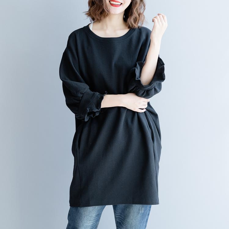 2018 black Midi-length cotton dress trendy plus size holiday dresses lantern sleeve casual o neck cotton clothing dresses - Omychic