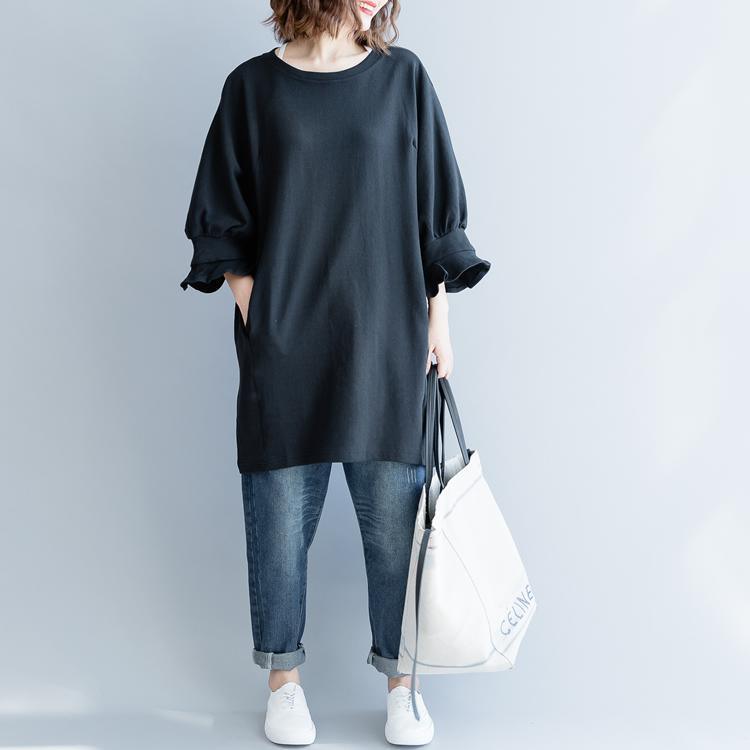 2018 black Midi-length cotton dress trendy plus size holiday dresses lantern sleeve casual o neck cotton clothing dresses - Omychic