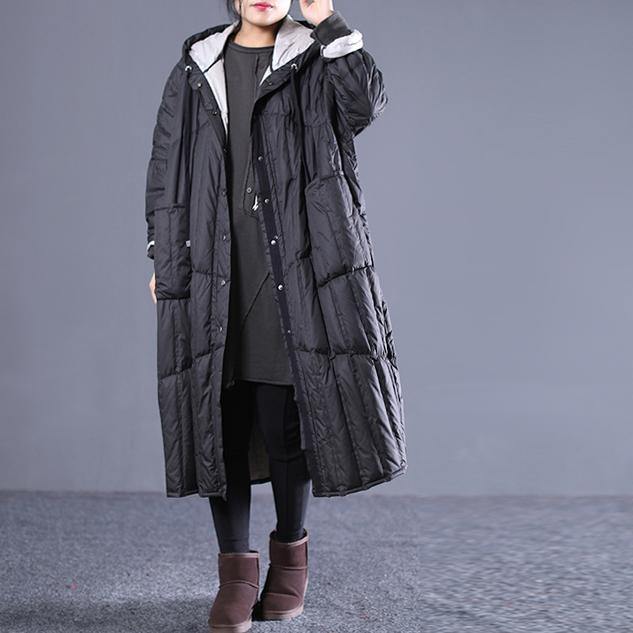 2018 black Outfits plus size hooded drawstring down jacket Elegant pockets down coat - Omychic