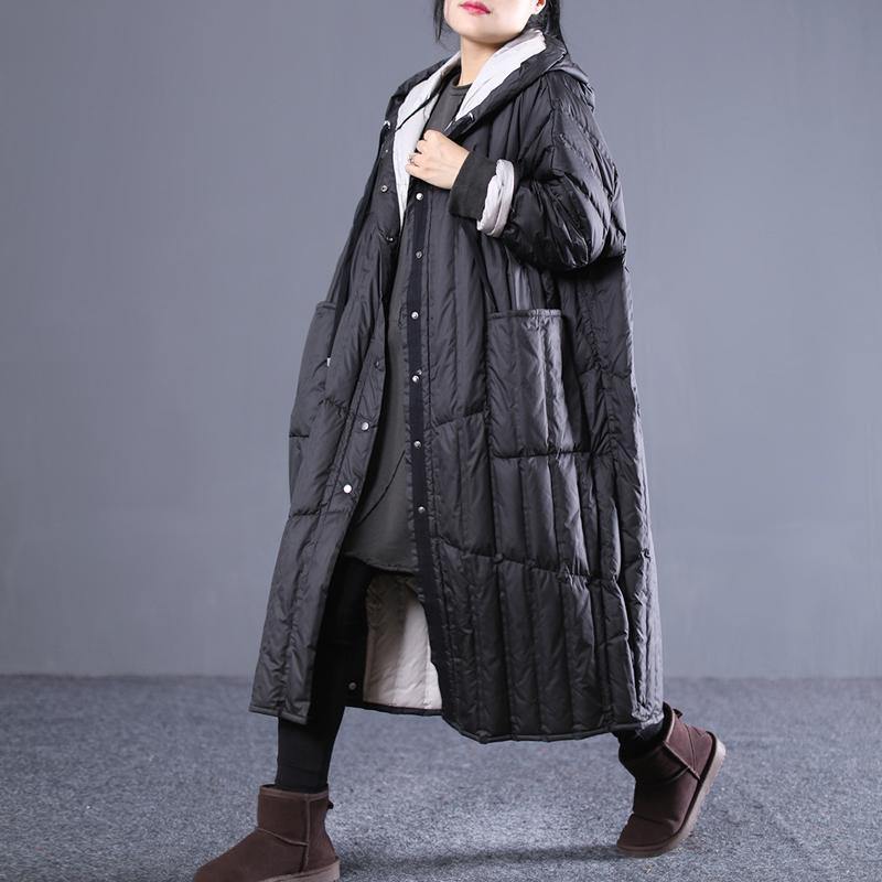 2018 black Outfits plus size hooded drawstring down jacket Elegant pockets down coat - Omychic