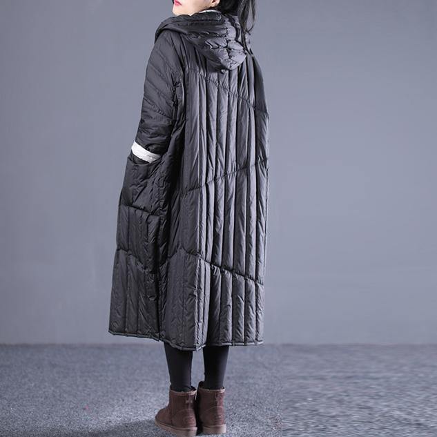2018 black Outfits plus size hooded drawstring down jacket Elegant pockets down coat - Omychic