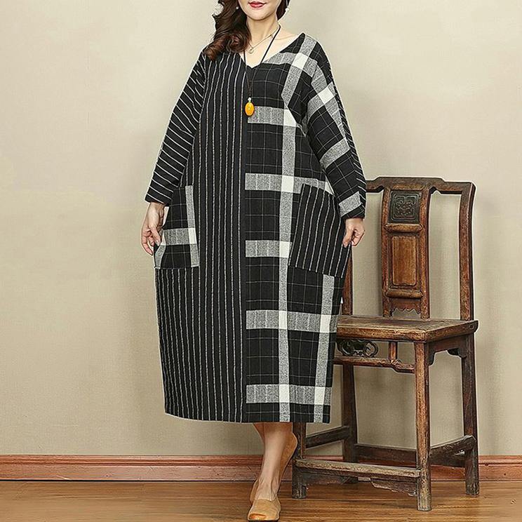 2021 Black Plaid Casual V Neck Patchwork Linen Dresses Vintage Pockets Large Hem Autumn Dress - Omychic