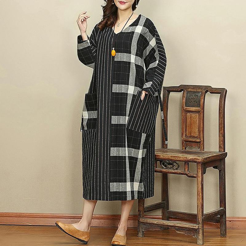 2021 Black Plaid Casual V Neck Patchwork Linen Dresses Vintage Pockets Large Hem Autumn Dress - Omychic