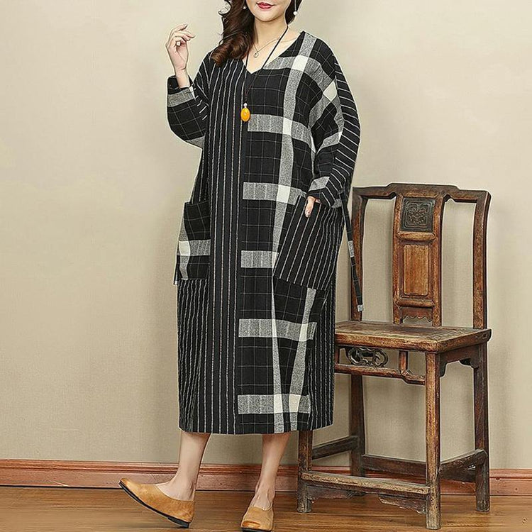 2021 Black Plaid Casual V Neck Patchwork Linen Dresses Vintage Pockets Large Hem Autumn Dress - Omychic