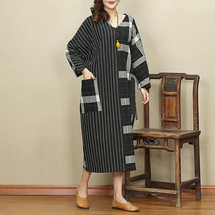 2021 Black Plaid Casual V Neck Patchwork Linen Dresses Vintage Pockets Large Hem Autumn Dress - Omychic
