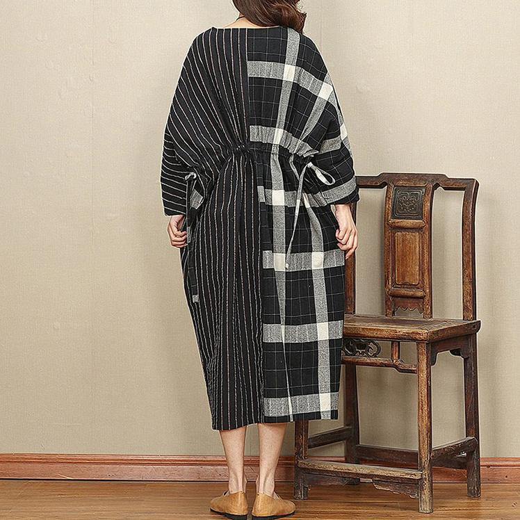 2021 Black Plaid Casual V Neck Patchwork Linen Dresses Vintage Pockets Large Hem Autumn Dress - Omychic