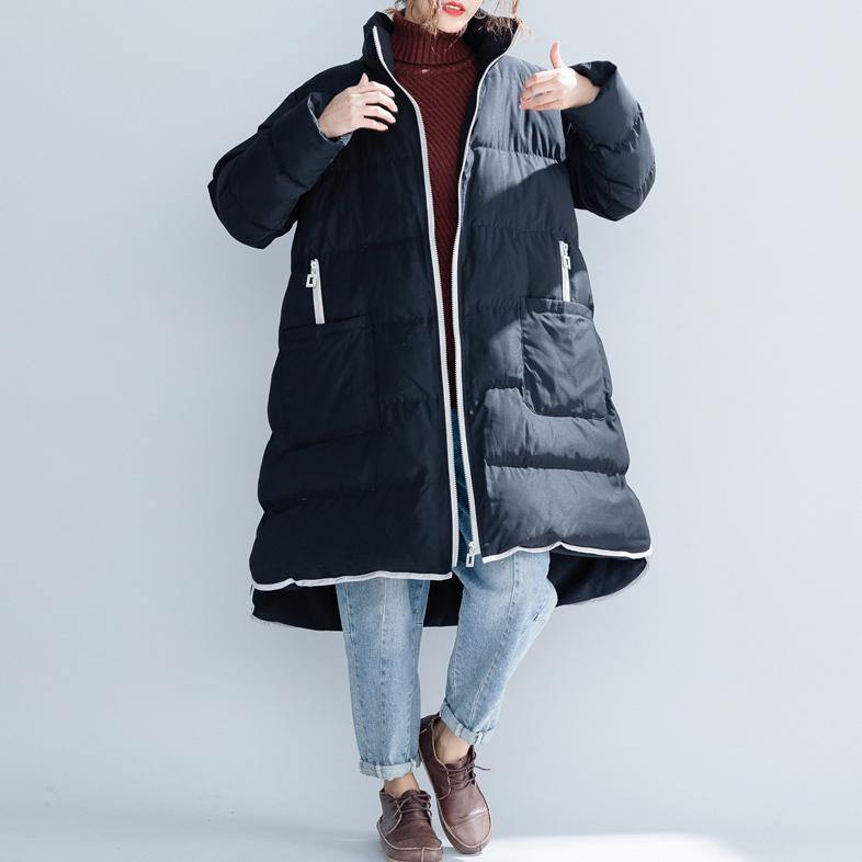 2018 black cotton jacket trendy plus size stand collar zippered Warm pockets thick winter cotton coats - Omychic