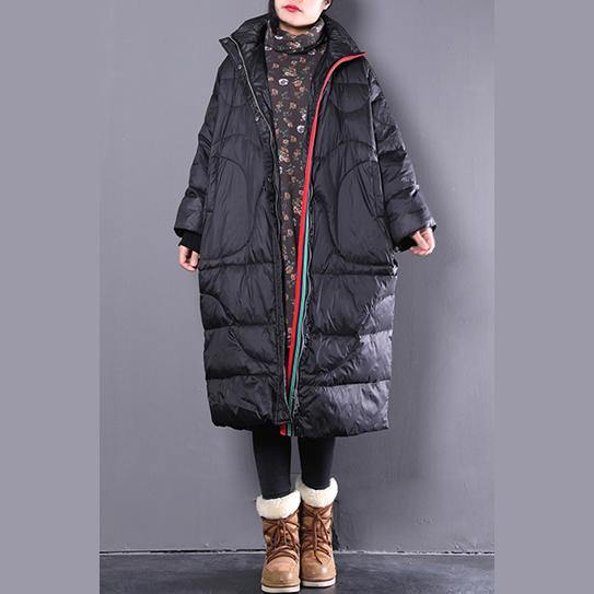 2018 black down coat casual stand collar down coat Elegant pockets zippered overcoat - Omychic