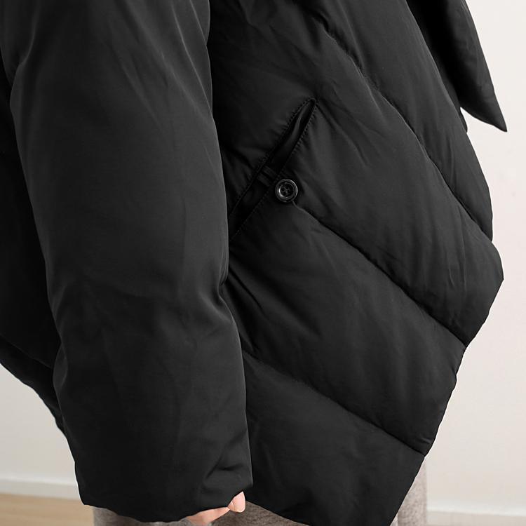 2018 black down coat plus size high neck pockets down overcoat thick asymmetric trench coat - Omychic