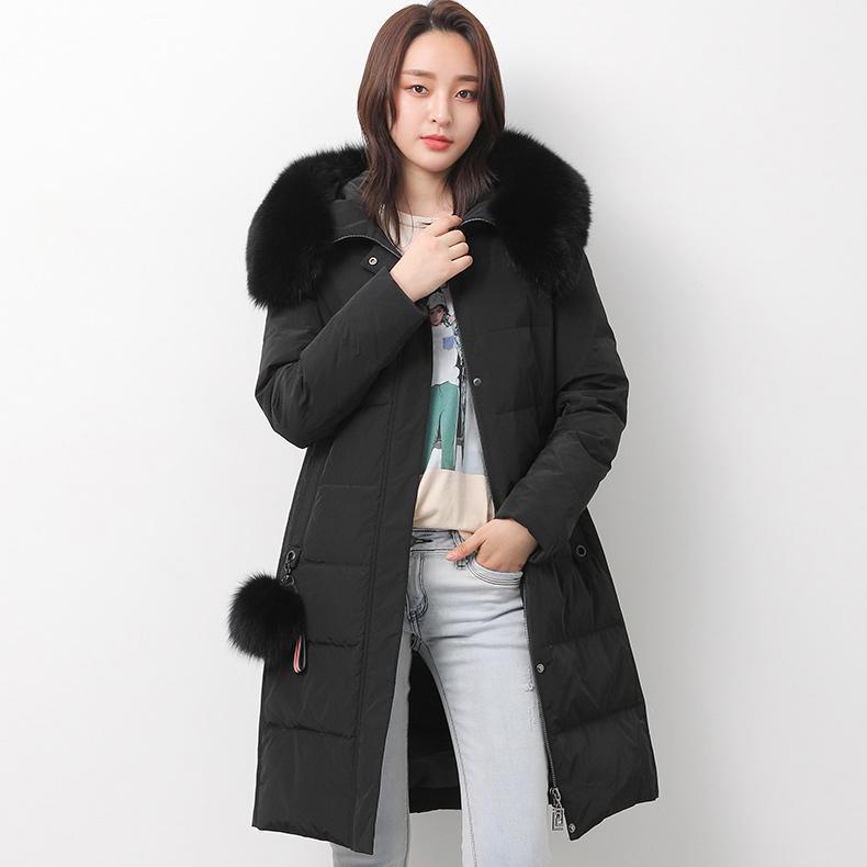 2018 black down jacket woman trendy plus size fuzzy ball decorated snow jackets fur collar coats - Omychic