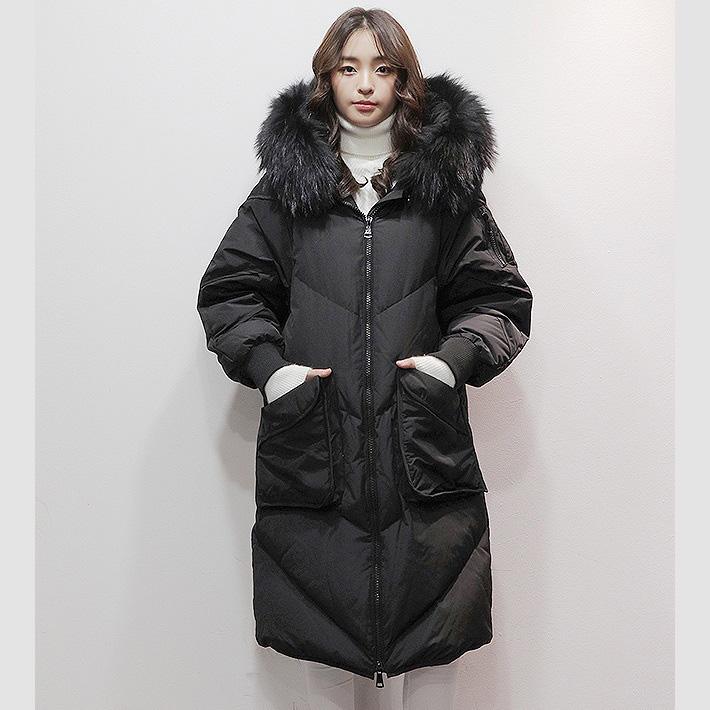 2018 black goose Down coat plus size hooded fur collar winter jacket zippered Jackets - Omychic