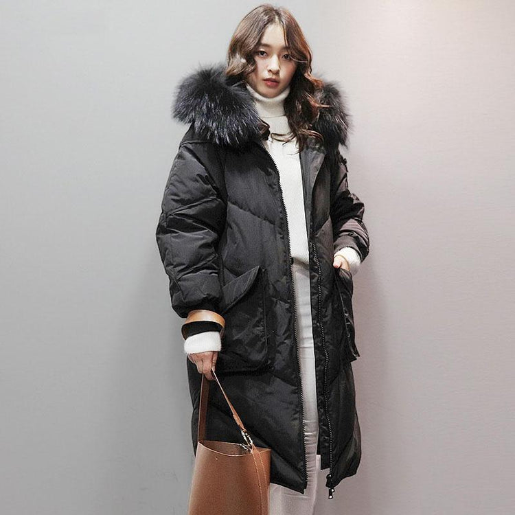 2018 black goose Down coat plus size hooded fur collar winter jacket zippered Jackets - Omychic