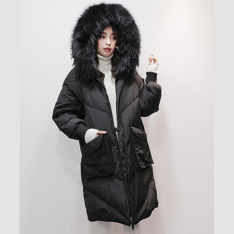 2018 black goose Down coat plus size hooded fur collar winter jacket zippered Jackets - Omychic