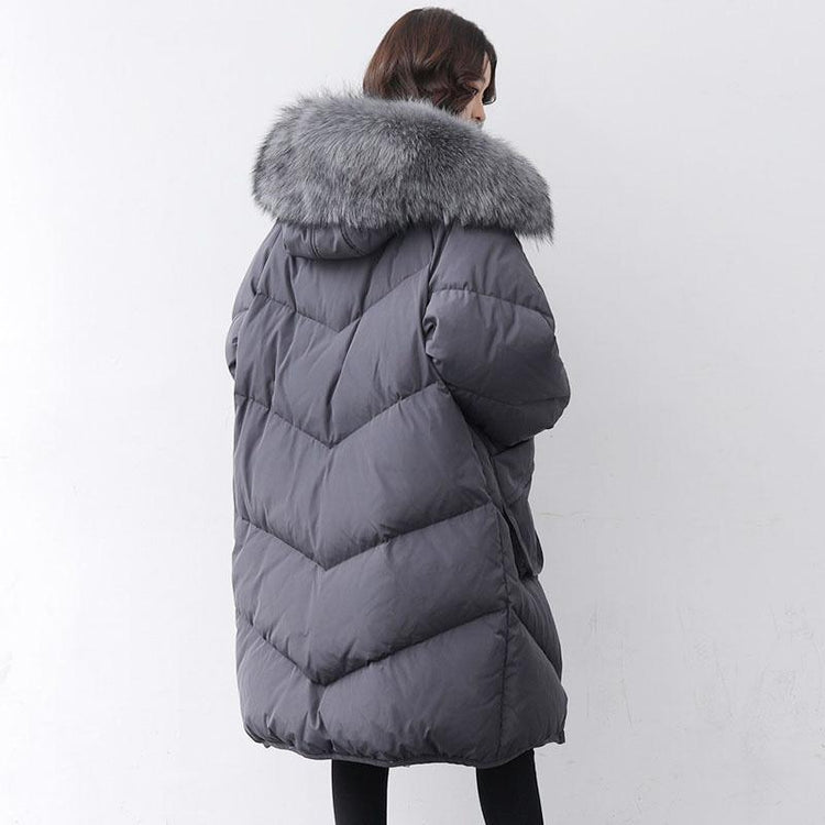 2018 black goose Down coat plus size hooded fur collar winter jacket zippered Jackets - Omychic