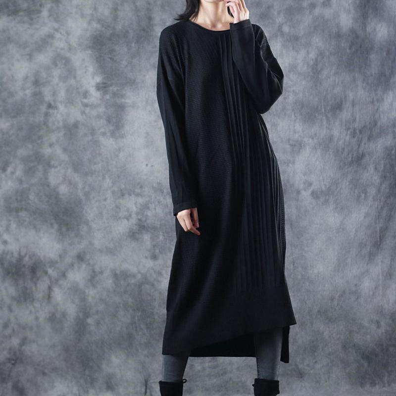 2018 black knit dresses oversize o neck long knit sweaters casual asymmetric pullover - Omychic