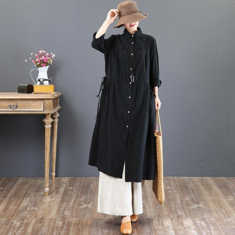 2018 black linen dresses trendy plus size lapel collar traveling dress 2018 waist drawstring maxi dresses - Omychic