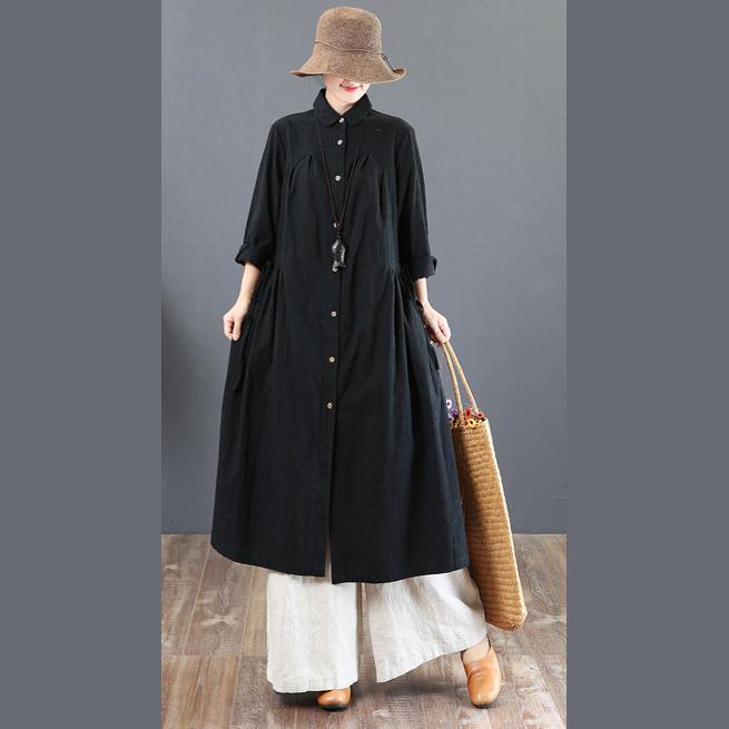 2018 black linen dresses trendy plus size lapel collar traveling dress 2018 waist drawstring maxi dresses - Omychic