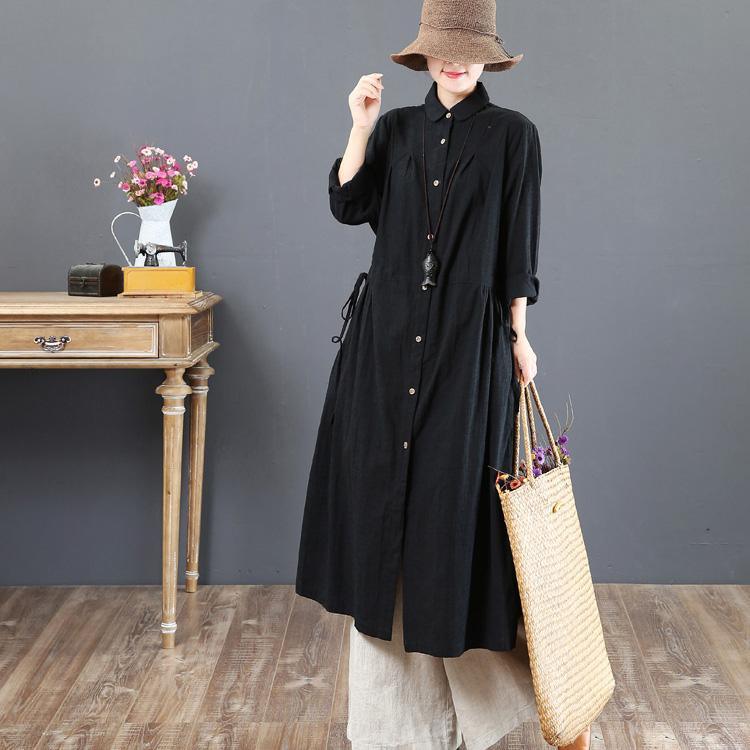 2018 black linen dresses trendy plus size lapel collar traveling dress 2018 waist drawstring maxi dresses - Omychic