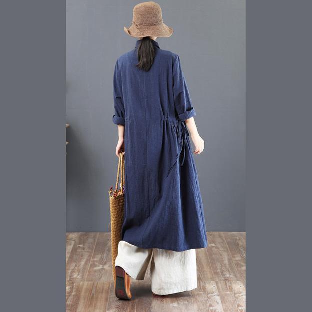 2018 black linen dresses trendy plus size lapel collar traveling dress 2018 waist drawstring maxi dresses - Omychic