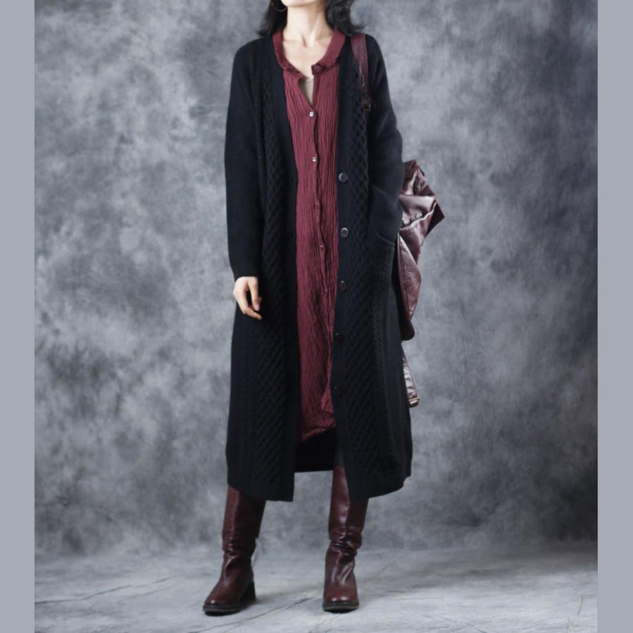 2018 black long knit cardigans sweater coat casual V neck maxi coat top quality pockets trench coat - Omychic
