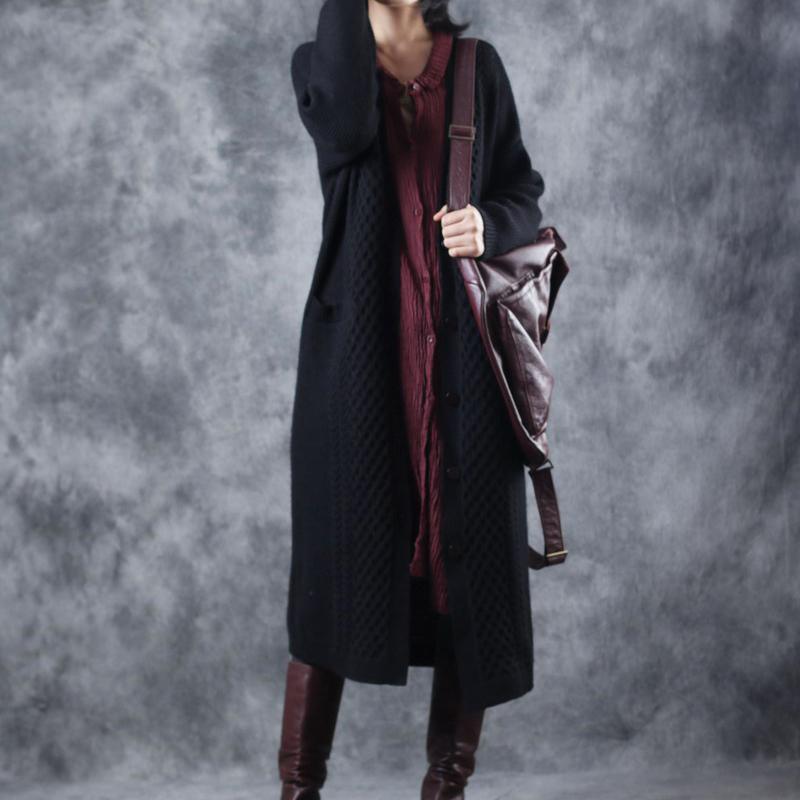 2018 black long knit cardigans sweater coat casual V neck maxi coat top quality pockets trench coat - Omychic