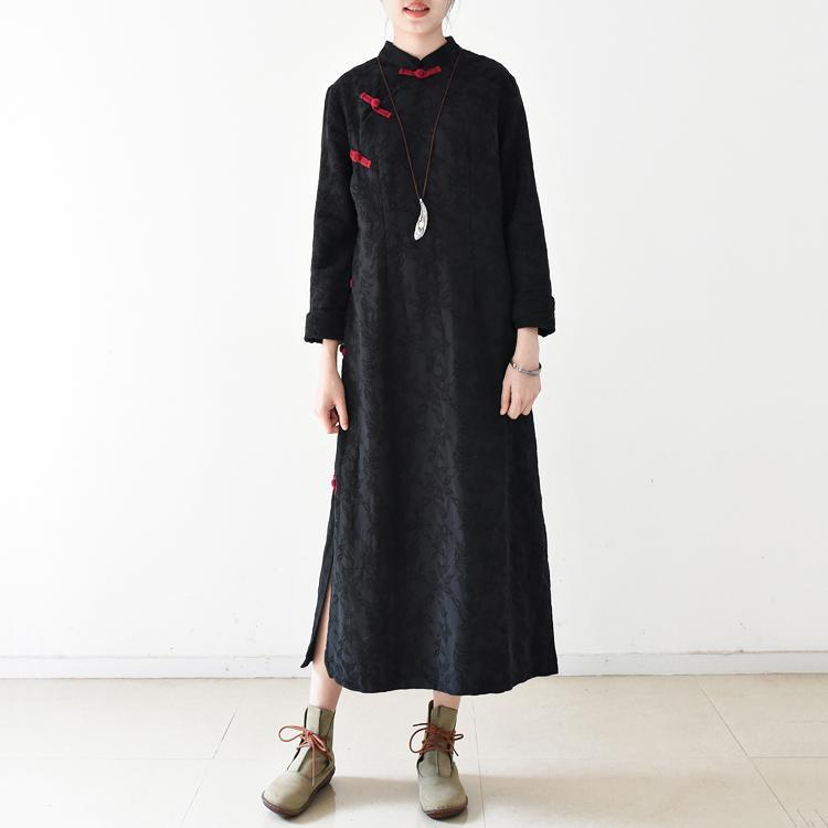 2018 black long cotton linen dresses oversize kaftans v neck Chinese Button side open Jacquard clothing dresses - Omychic