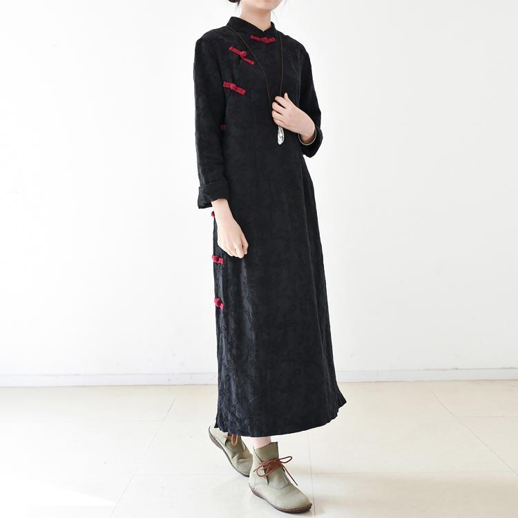 2018 black long cotton linen dresses oversize kaftans v neck Chinese Button side open Jacquard clothing dresses - Omychic