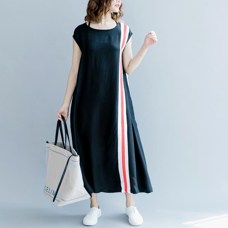 2018 black patchwork silk blended maxi dress plus size O neck baggy dresses traveling clothing women Sleeveless pockets maxi dresses - Omychic