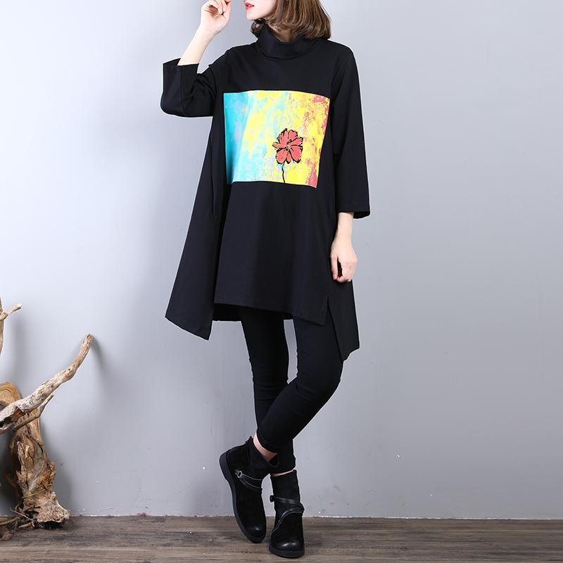 2018 black prints cotton dresses Loose fitting holiday dresses side open women low high design cotton dress - Omychic
