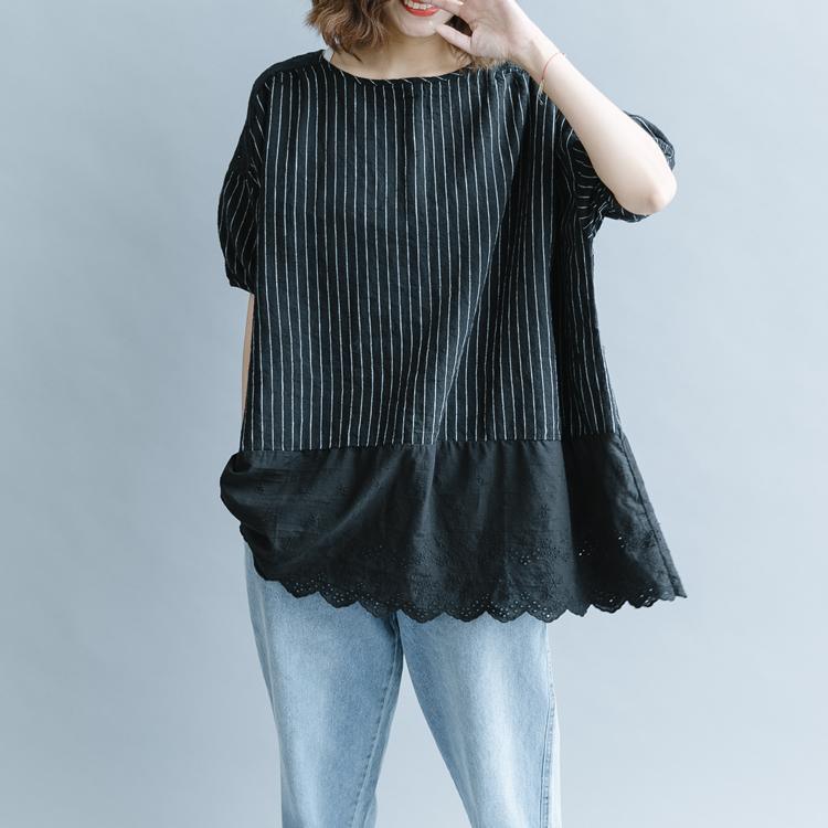 2018 black striped cotton linen t shirt plus size clothing cotton linen clothing blouses casual half sleeve hollow out O neck patchwork tops - Omychic