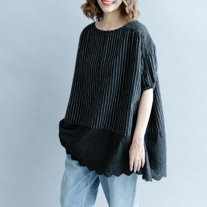 2018 black striped cotton linen t shirt plus size clothing cotton linen clothing blouses casual half sleeve hollow out O neck patchwork tops - Omychic