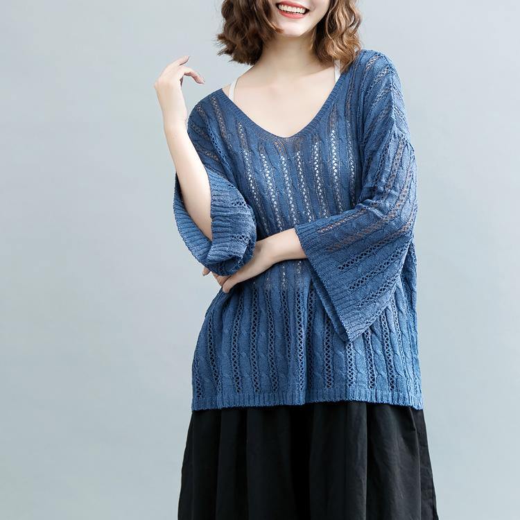 2021 Blue  Winter Sweater Oversized V Neck Knitted Blouses New Hollow Out Blouse - Omychic