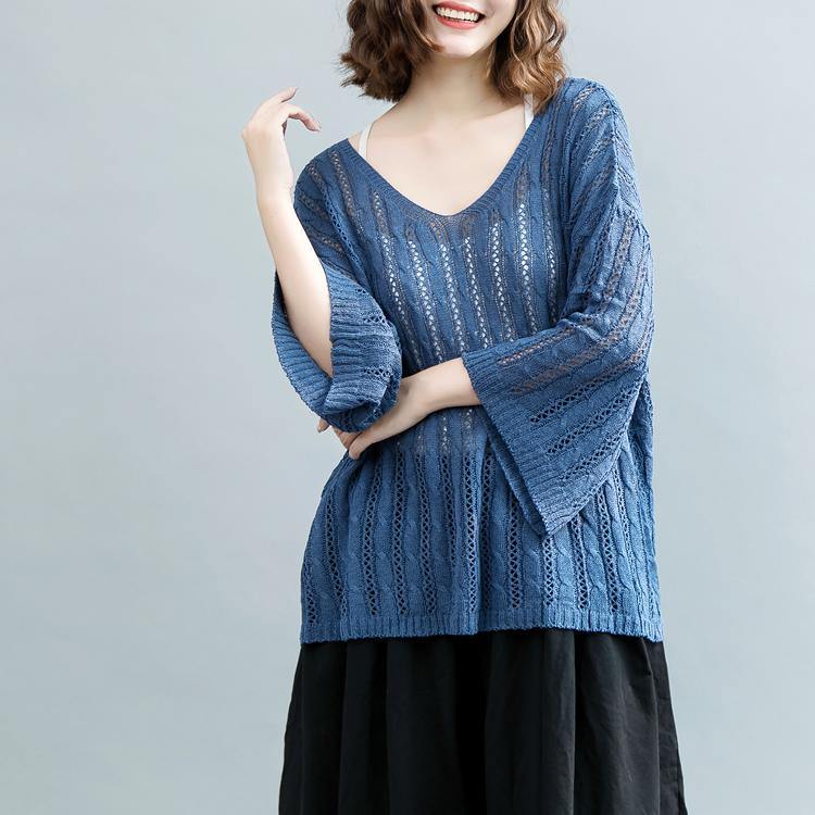 2021 Blue  Winter Sweater Oversized V Neck Knitted Blouses New Hollow Out Blouse - Omychic